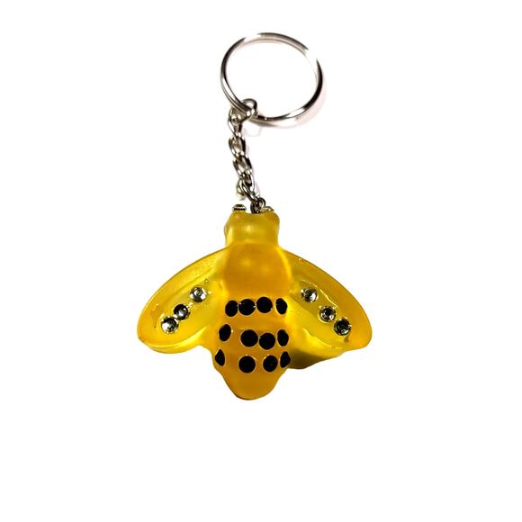 Bee Yellow Hard Plastic Black Silver Rhinestones Keychain Mother Earth - Picture 4 of 7
